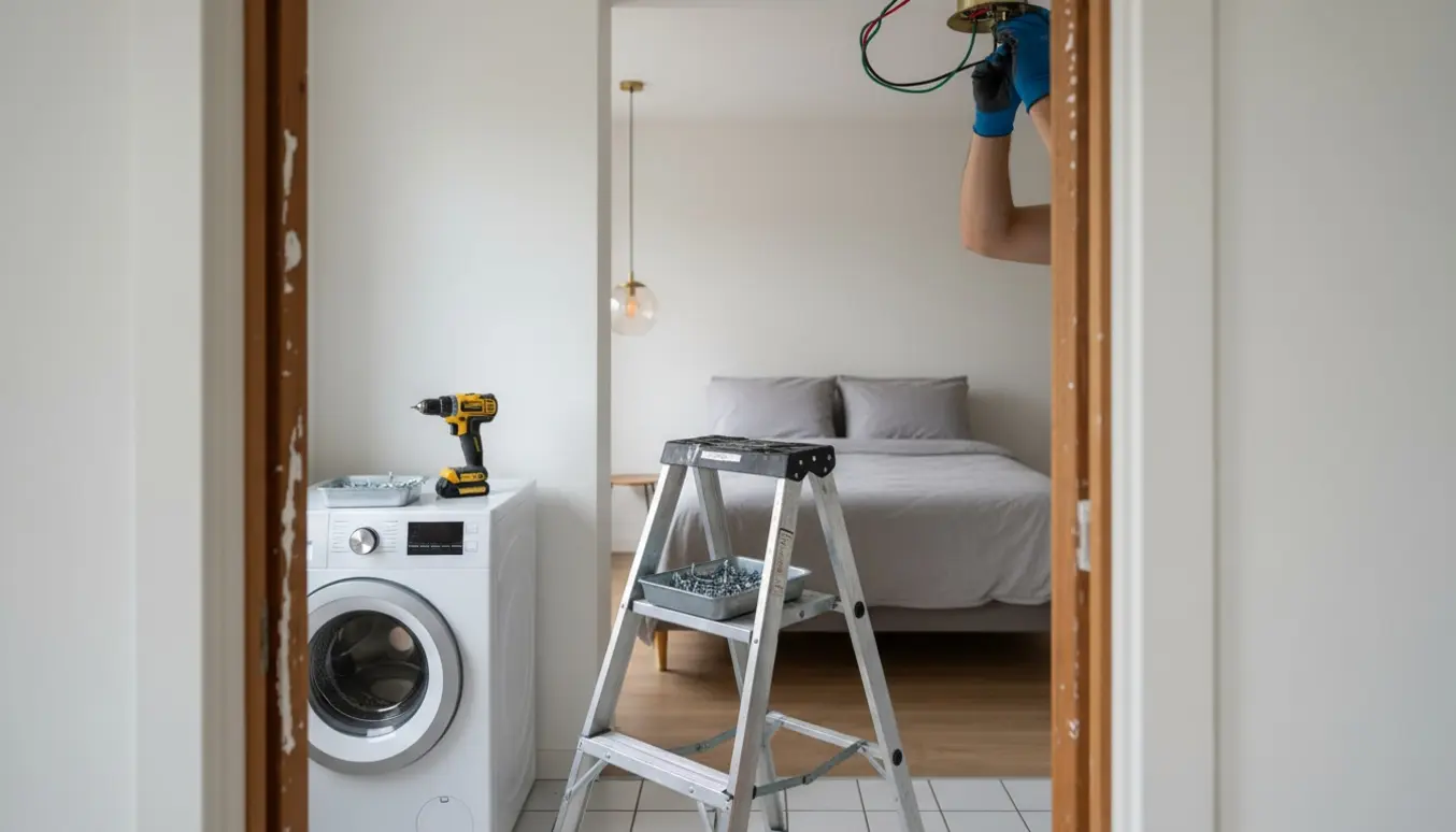 En elektriker monterer en loftslampe i et bryggers, mens et nyhængt lys ses i et tilstødende værelse.