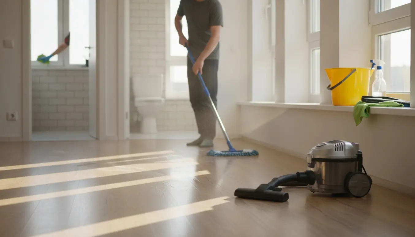 Rengøring i en tom lejlighed med moppet gulv, støvsuger, spand og et rent toilet i baggrunden.