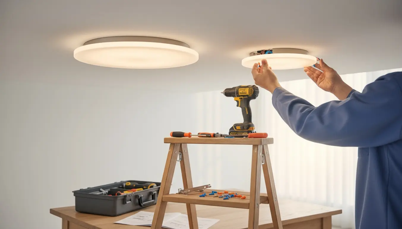 Hænder monterer to matchende runde loftlamper i to størrelser på et hvidt loft.