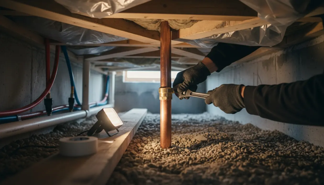 Nærbillede af afpropning af kobberrør i en krybekælder med værktøj og arbejdslampe.