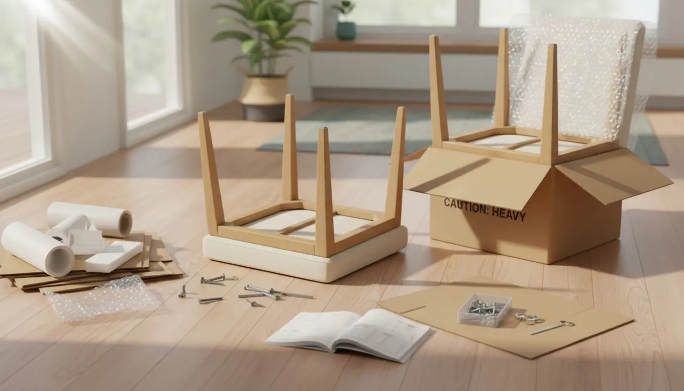 To nye stole under samling på stuegulvet, den ene delvist samlet med værktøj og emballage omkring.