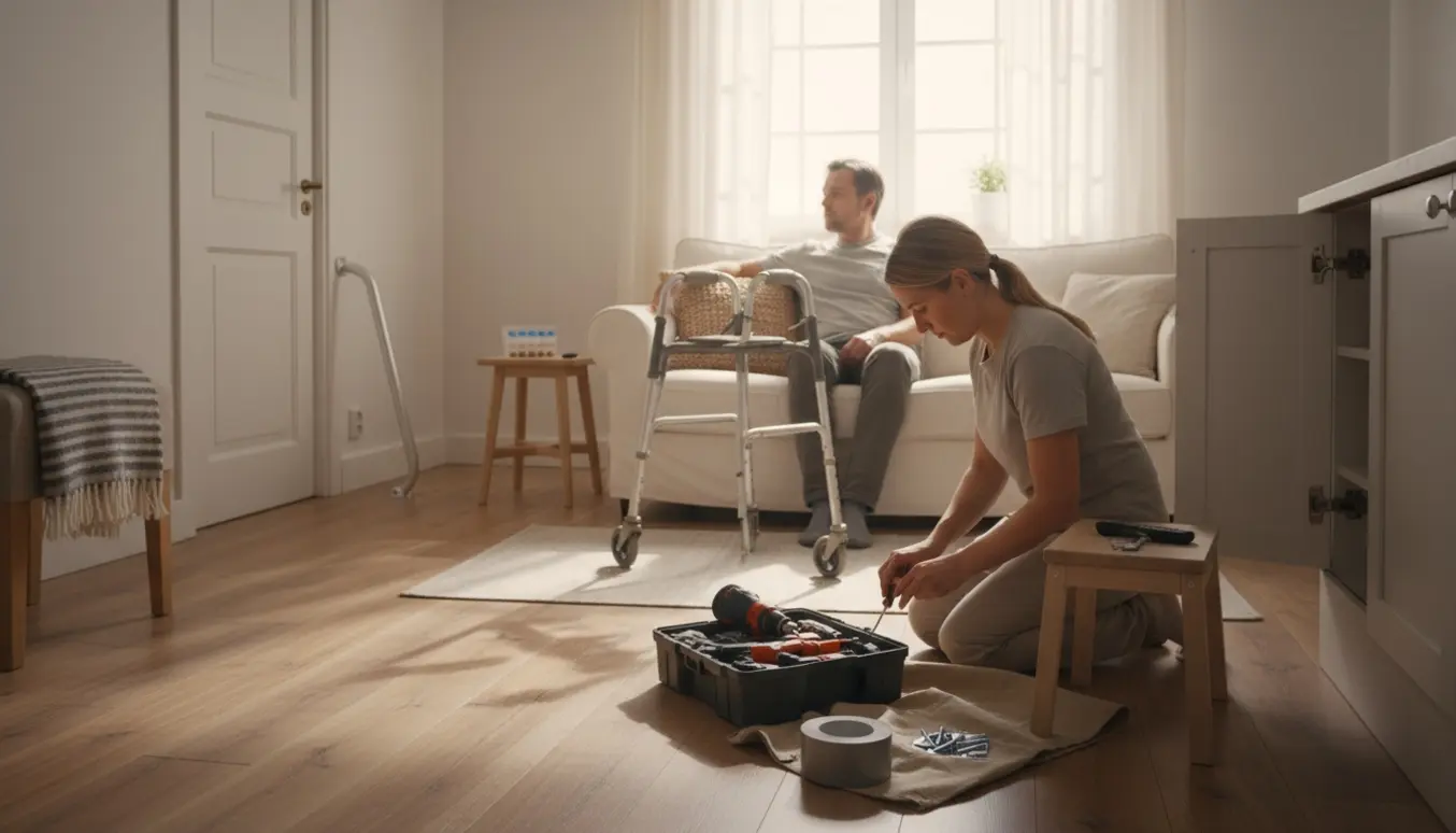 En kvinde udfører små husreparationer ved et skab, mens hendes mand med venstresidig lammelse hviler i sofaen med støttepuder.