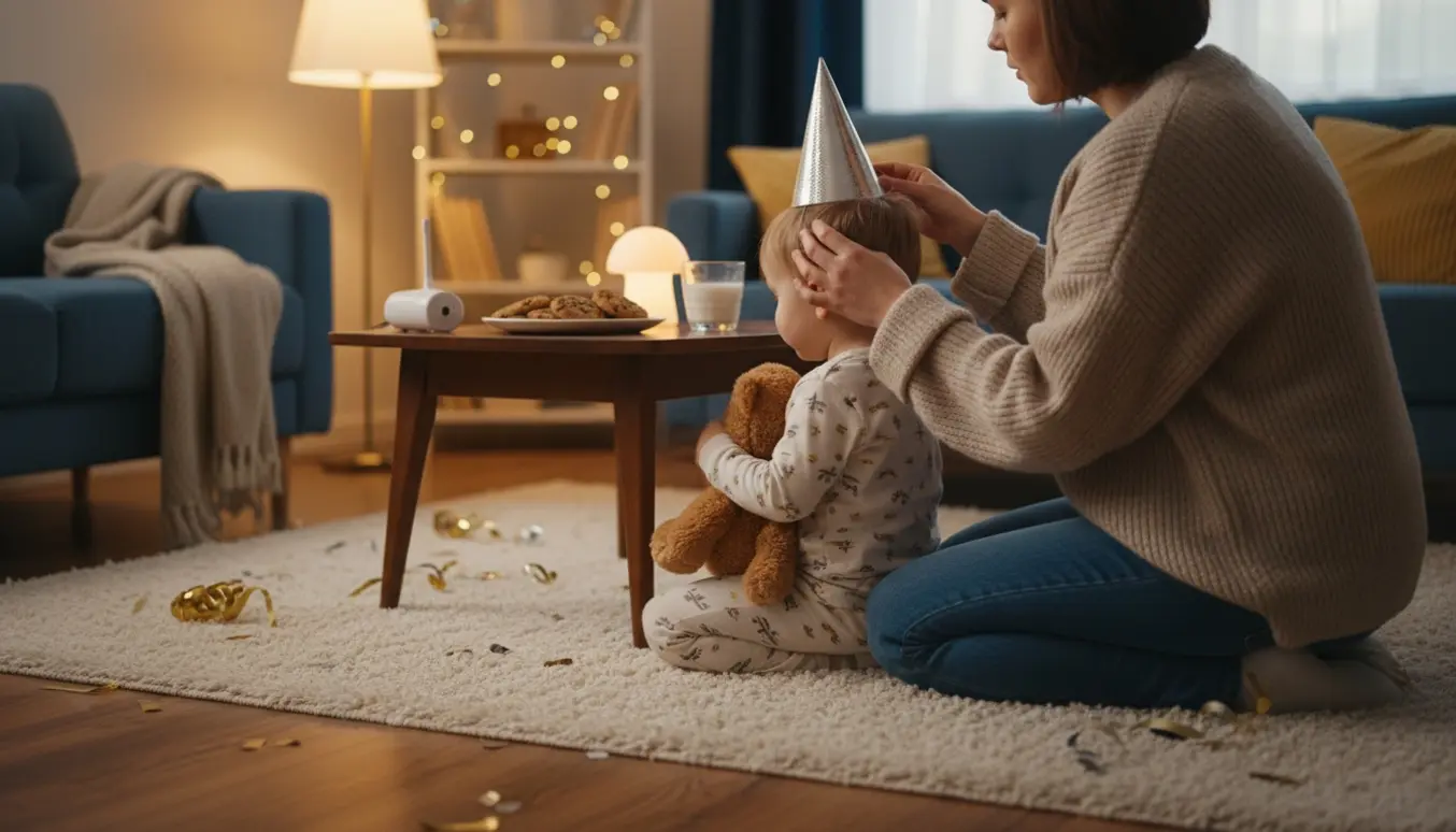 En barnepige sætter en glitrende festhat på et lille barn i en hyggelig stue pyntet til nytårsaften, uden synlige ansigter.
