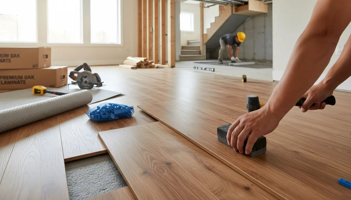 Hænder lægger laminat på skumunderlag i et hjem, med ruller vinyl, værktøj og kasser til at skjule rør i baggrunden.