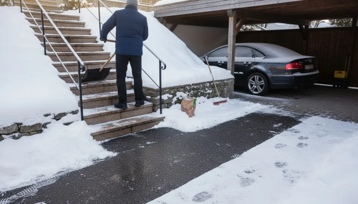 Person skovler sne af en udendørs trappe med en ryddet sti frem til carporten.
