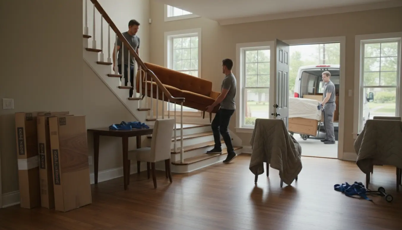 Flyttefolk bærer en sofa ind i en lys stue med klikgulvsplanker, indpakkede spisebordsstole og en kommode ved flyttevognen.