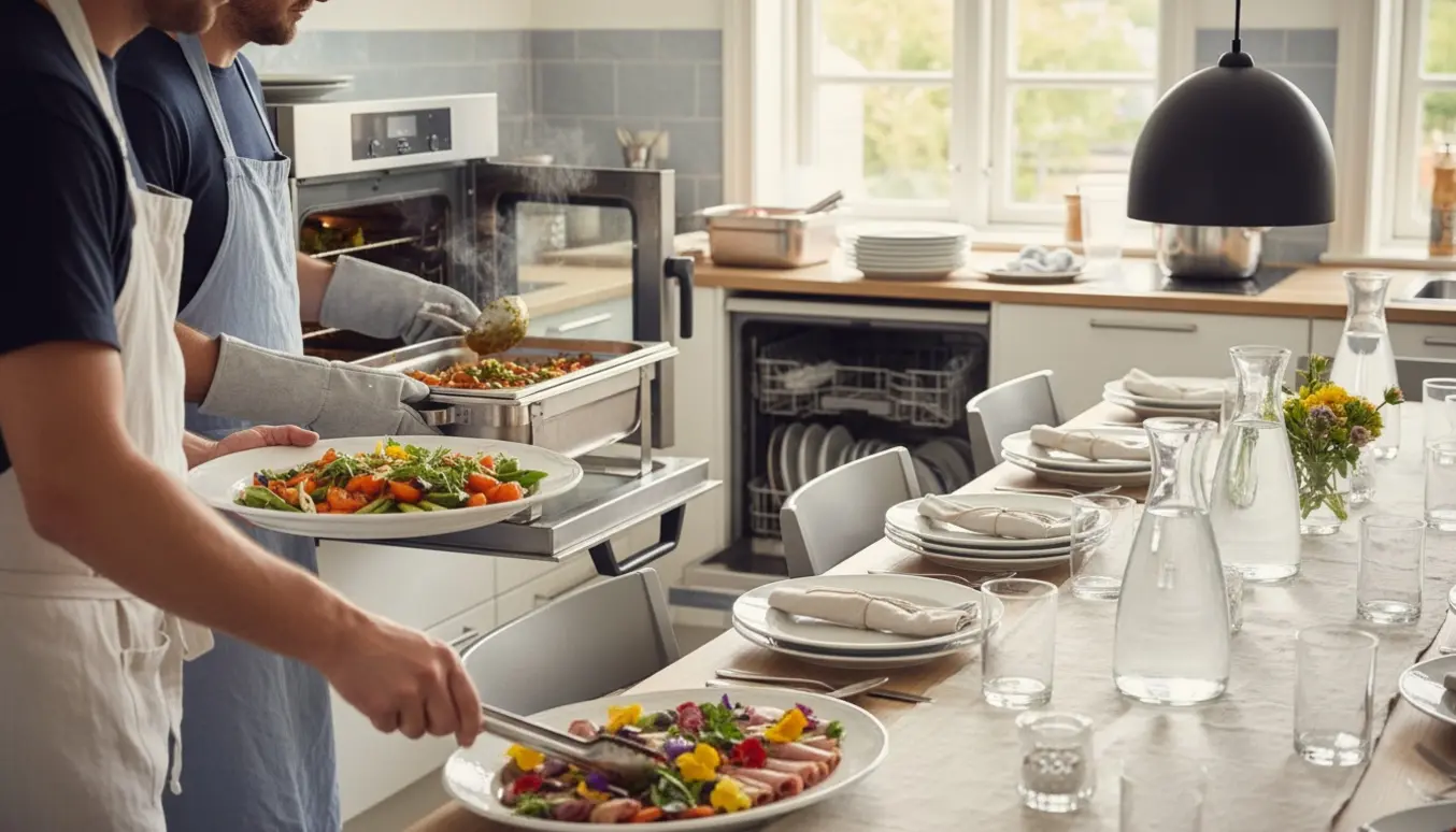 Hænder anretter buffetretter og dækker bord i et lyst køkken til en konfirmation.
