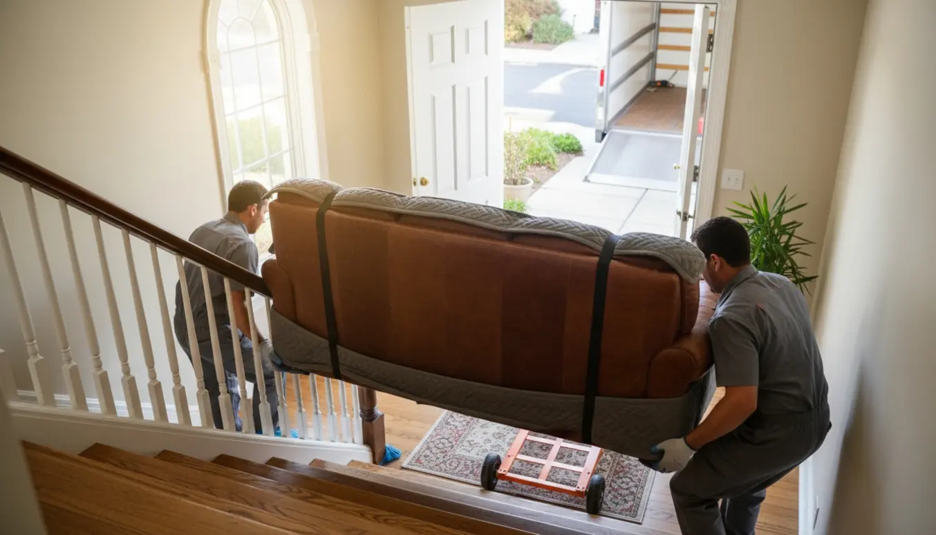 Stor lædersofa bæres forsigtigt ned ad en trappe af flyttefolk med tæpper og stropper, klar til at blive læsset i en varevogn.