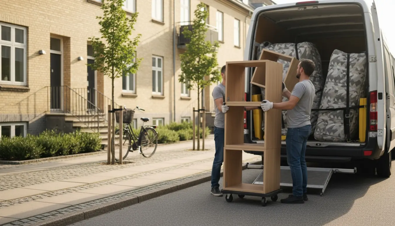 Seks reoler på en dolly blive lastet ind i en flyttevogn på en stille københavnsk boliggade.