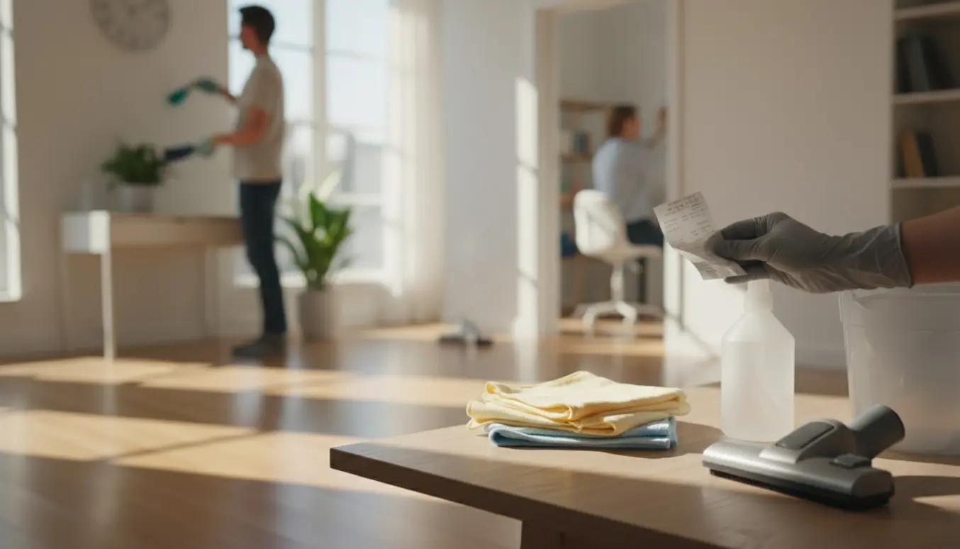 Nærbillede af rengøringsudstyr og en sløret kvittering i et lyst hjem med et ryddeligt kontor i baggrunden.