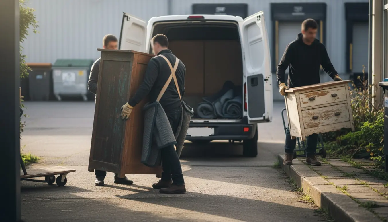 Gamle skabe bæres ud fra kælder og ned fra en lille terrasse med en varevogn klar til afhentning.