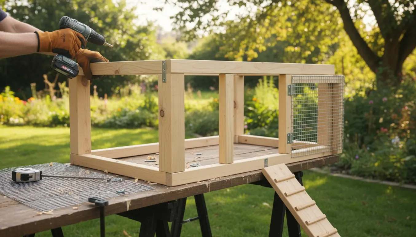 Delvist samlet kaninbur hævet på træben i en have med værktøj og handsker omkring.