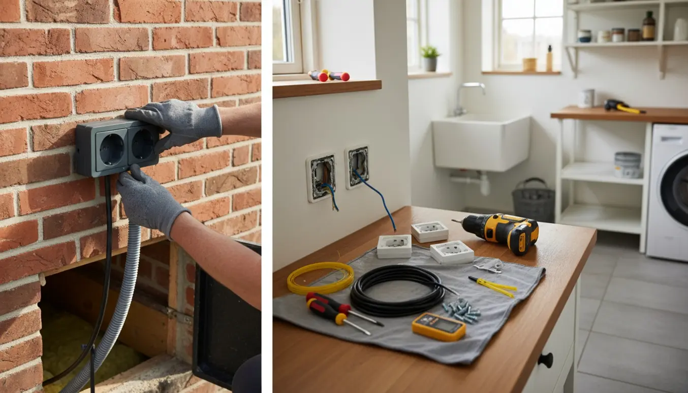 En elektriker installerer udendørs stikkontakter og udskifter indendørs stikdåser i bryggers med værktøj og åben krybekælder.
