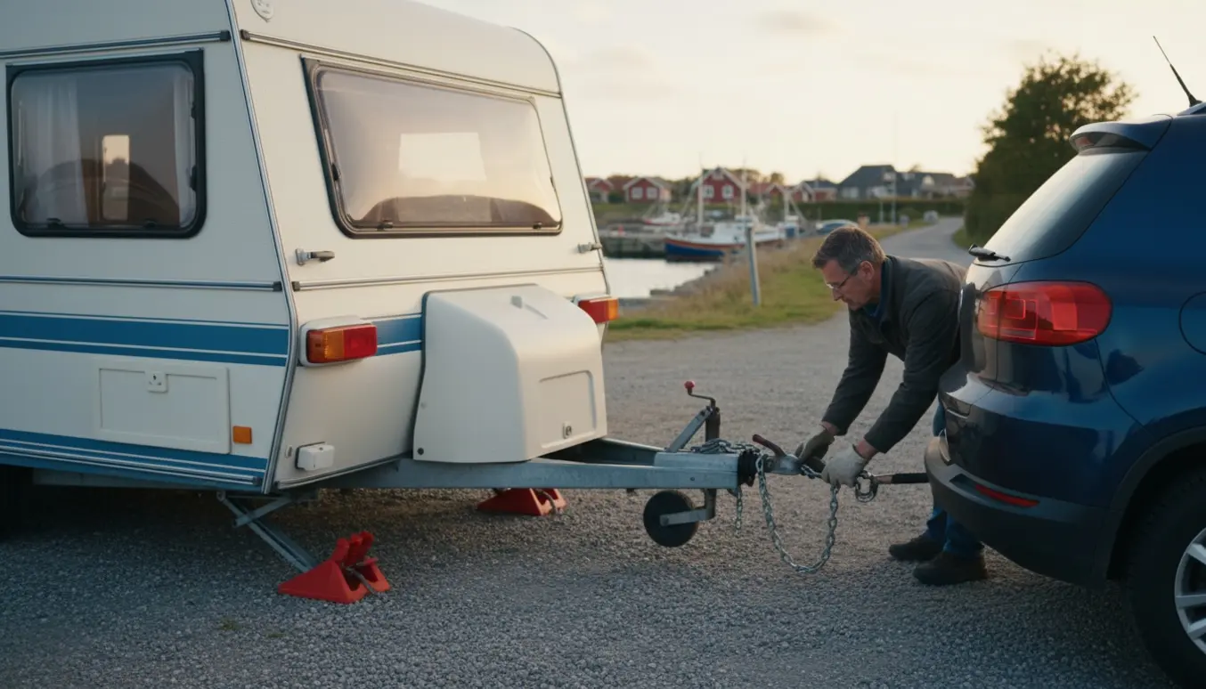 Campingvogn fastgjort til en SUV ved en dansk kystvej, hænder justerer anhængerhåndtaget.