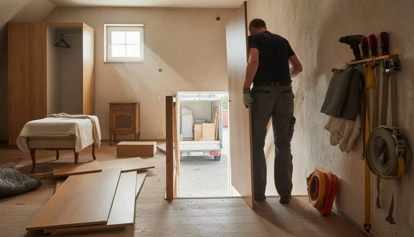 En arbejdstager bærer et demonteret skabspanel ned fra førstesalsloftet mod en åben trailer, omgivet af brædder og værktøj.