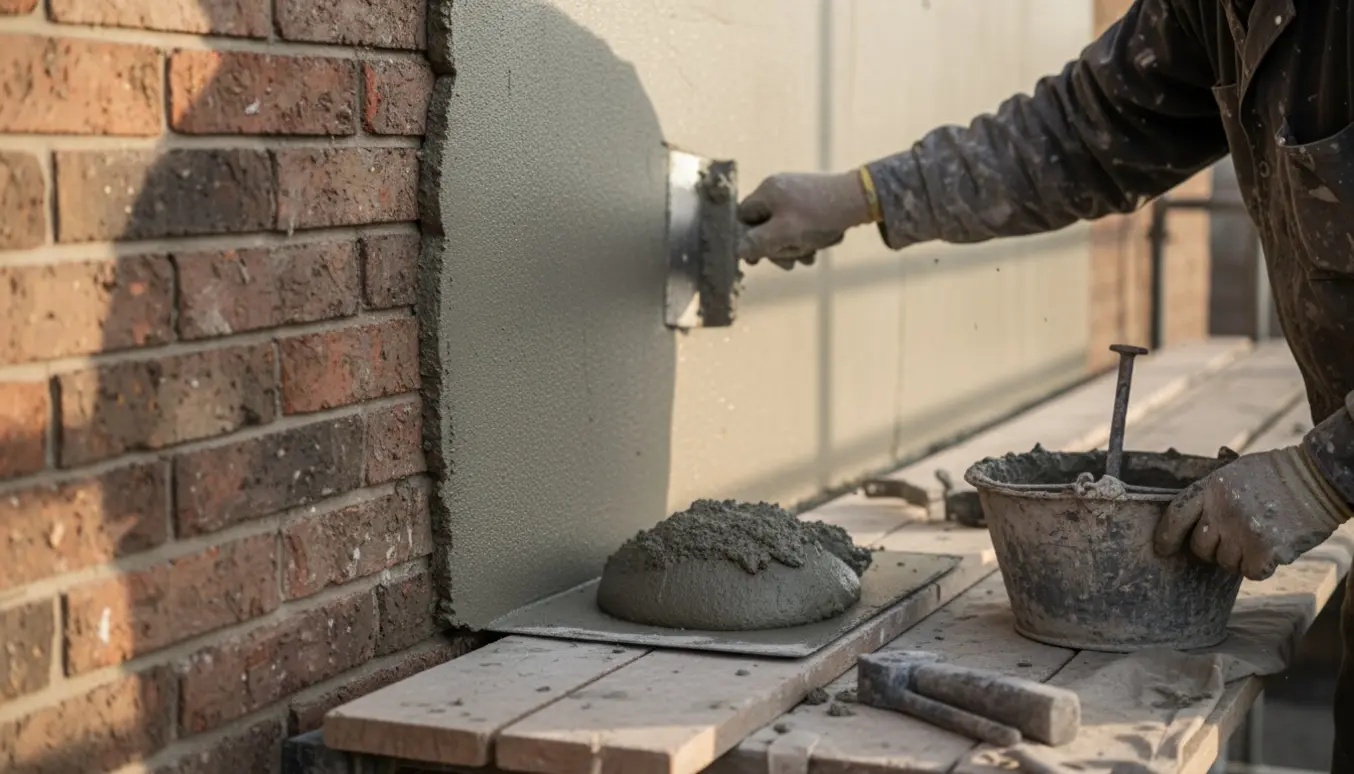 Nærbillede af en murer, der pudser en rå murstensvæg med murske og puds.