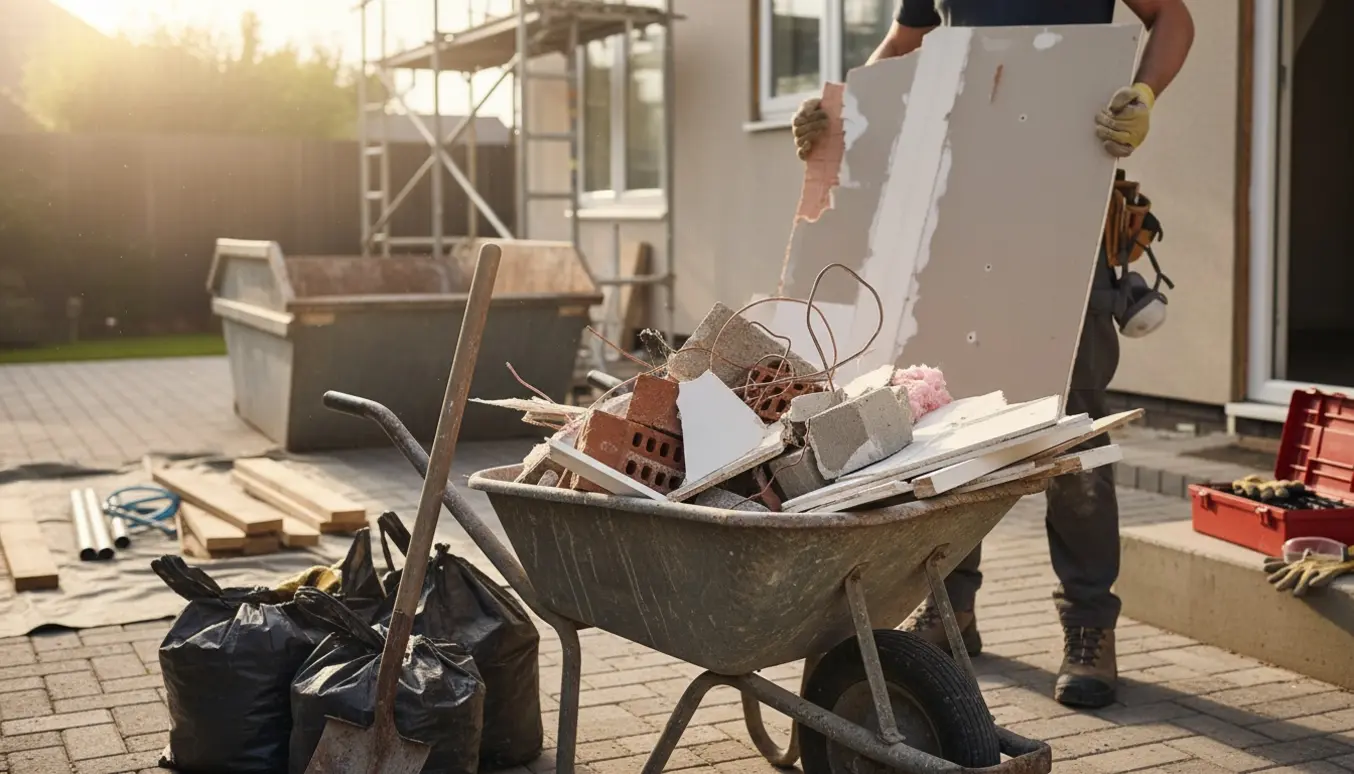 En arbejder uden synligt ansigt læsser blandet byggeaffald i en trillebør foran et hus under renovering.
