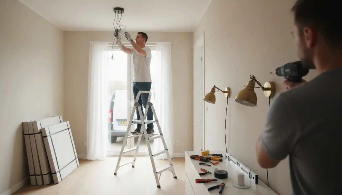 Montage af loft- og væglamper i et soveværelse med otte plader stablet klar til afhentning.