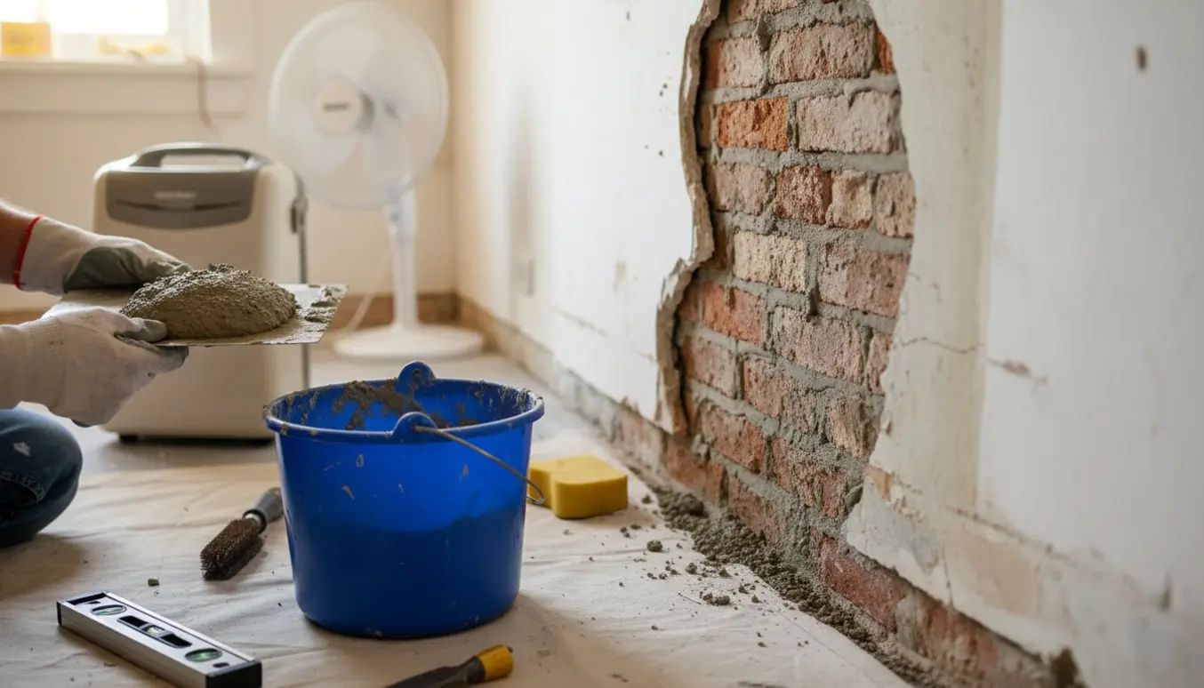 Indvendig mur under udbedring efter vandskade, hvor en hånd påfører frisk mørtel på en revne.