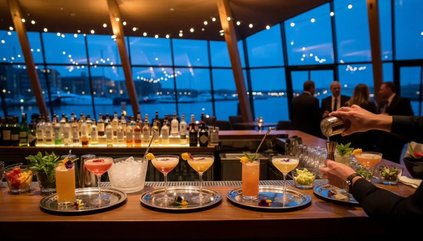 Bartender forbereder en elegant cocktailbar ved et bryllup på Utzon Center med rækker af farverige drinks og dæmpet aftenlys.