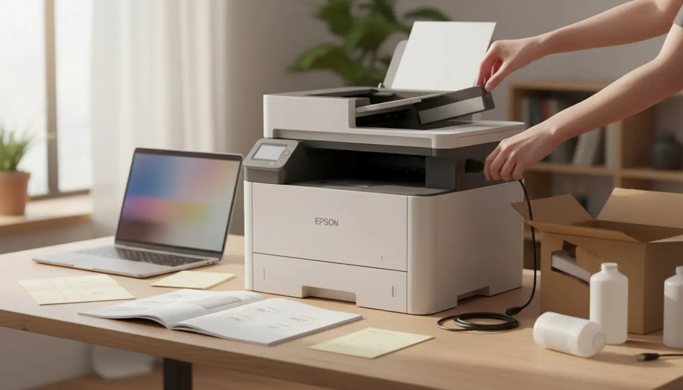 Hænder tilslutter en EPSON WF-C8610-printer ved et skrivebord med bærbar computer og installationsmanual.