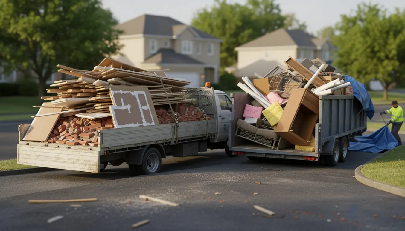 Pickup og trailer fyldt med byggeaffald og storskrald på en villavej, arbejderes hænder sikrer læsset.