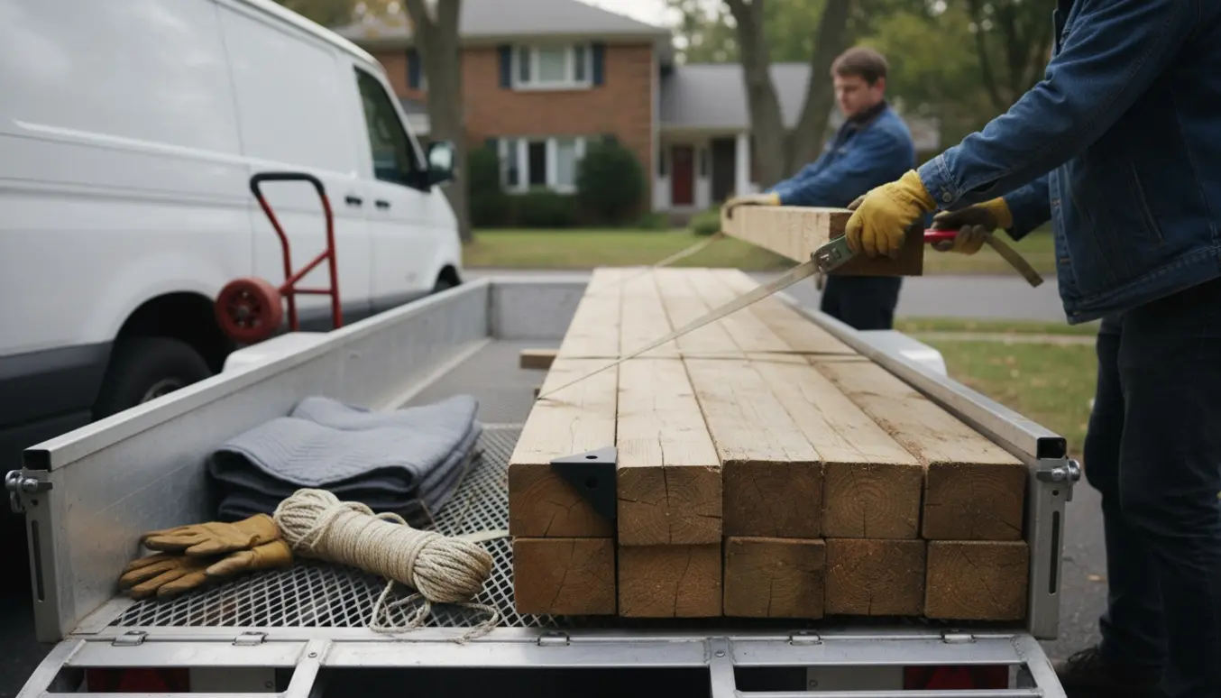 Træstolper læsses og spændes fast på en trailer i en villavej, kun hænder og rygge synlige.