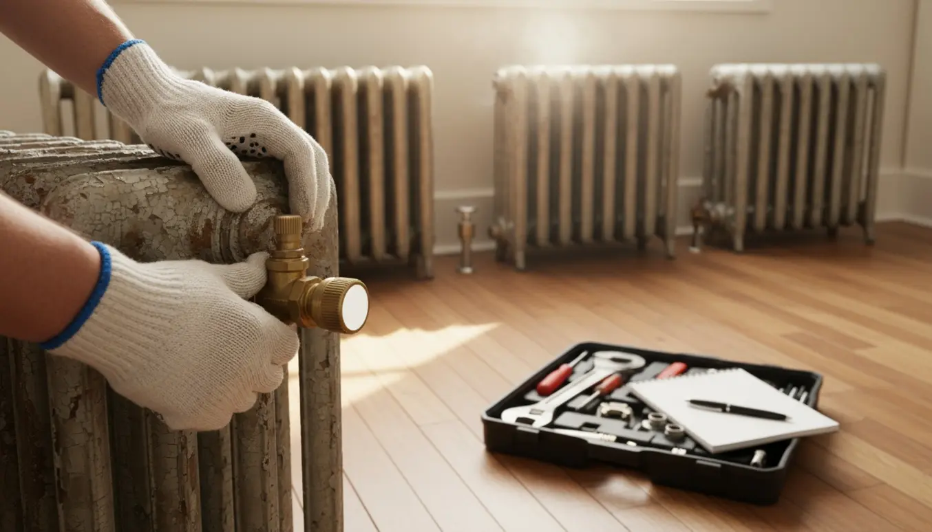 Hænder justerer termostatventil på en gammel radiator med værktøj og flere radiatore i baggrunden.