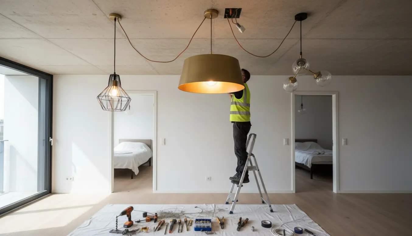 Montør på stige monterer loftlamper i lejlighed med værktøj og beskyttelsesdug på gulvet.