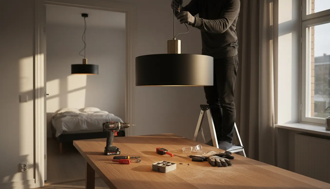 En håndværker på en stige hænger en stor pendel over et spisebord, med en allerede opsat lampe tændt i soveværelset i baggrunden.