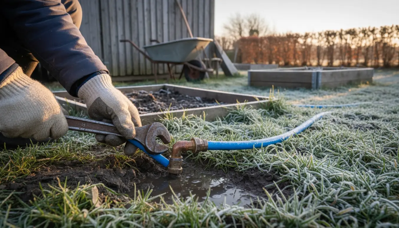 Hænder i handsker reparerer et frostsprængt vandrør i en kolonihave foran et lille skur.