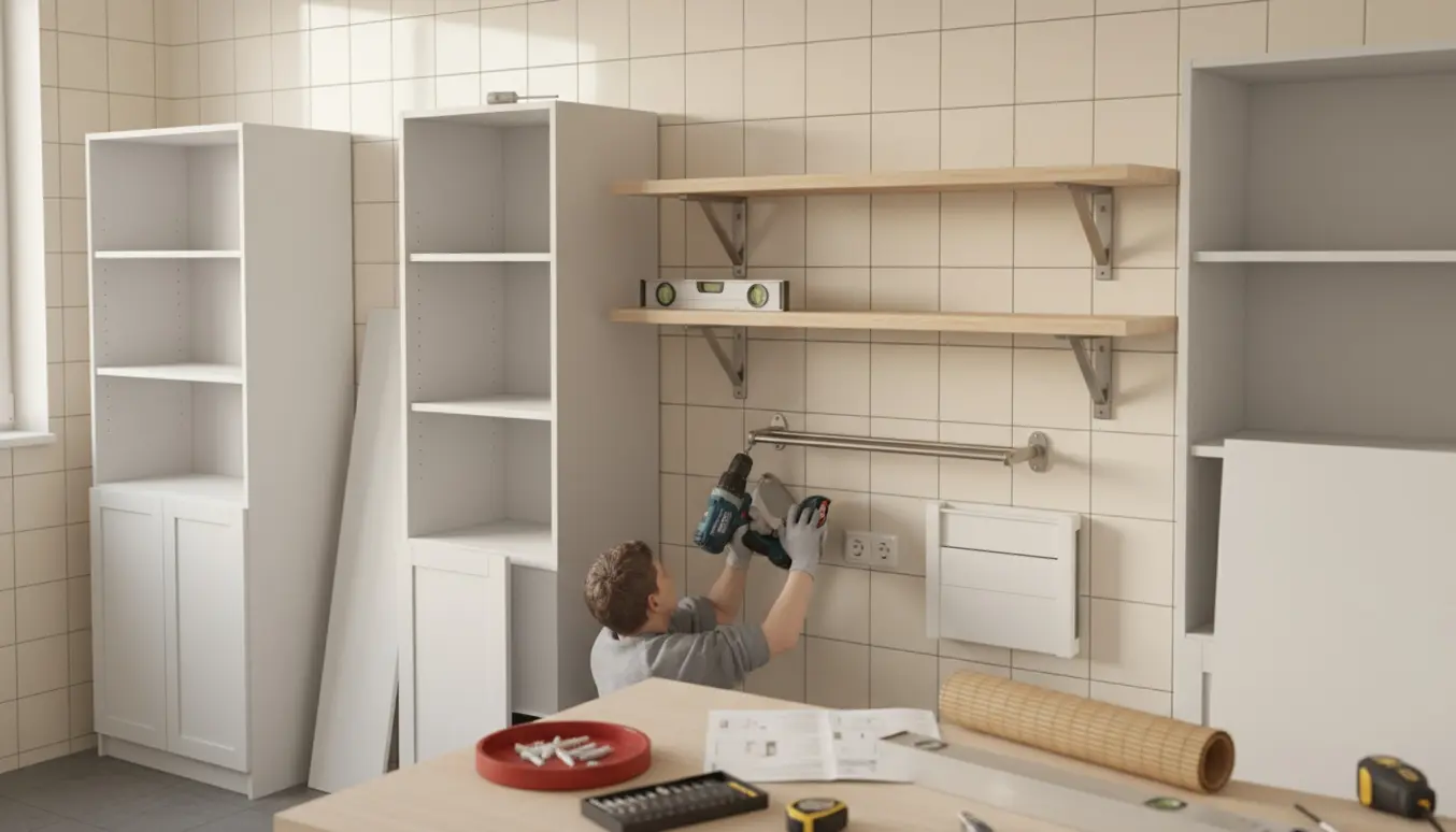 Hænder monterer tre hvide Billy‑style reoler med låger og skruehylder på en flisevæg.