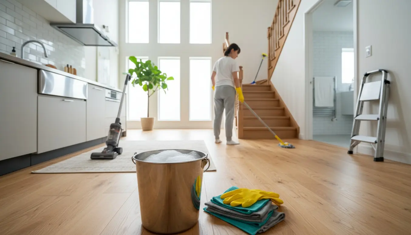 Rygvendt person mopper åbent stue-køkken i en lys to-etagers familiebolig med rengøringsudstyr i forgrunden.