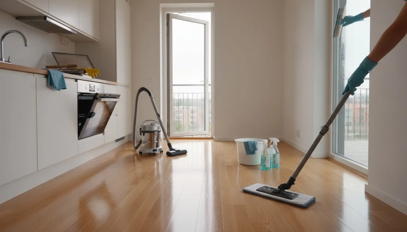 Solbeskinnet lejlighed med nylakeret trægulv, rengøringsudstyr og hænder i handsker, der vasker gulvet.
