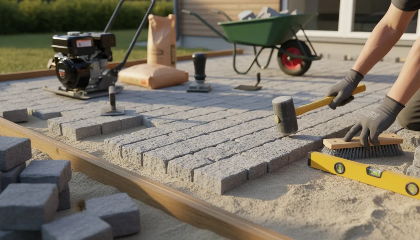Hænder i handsker hamrer brosten på plads på en lille terrasse på cirka to kvadratmeter.