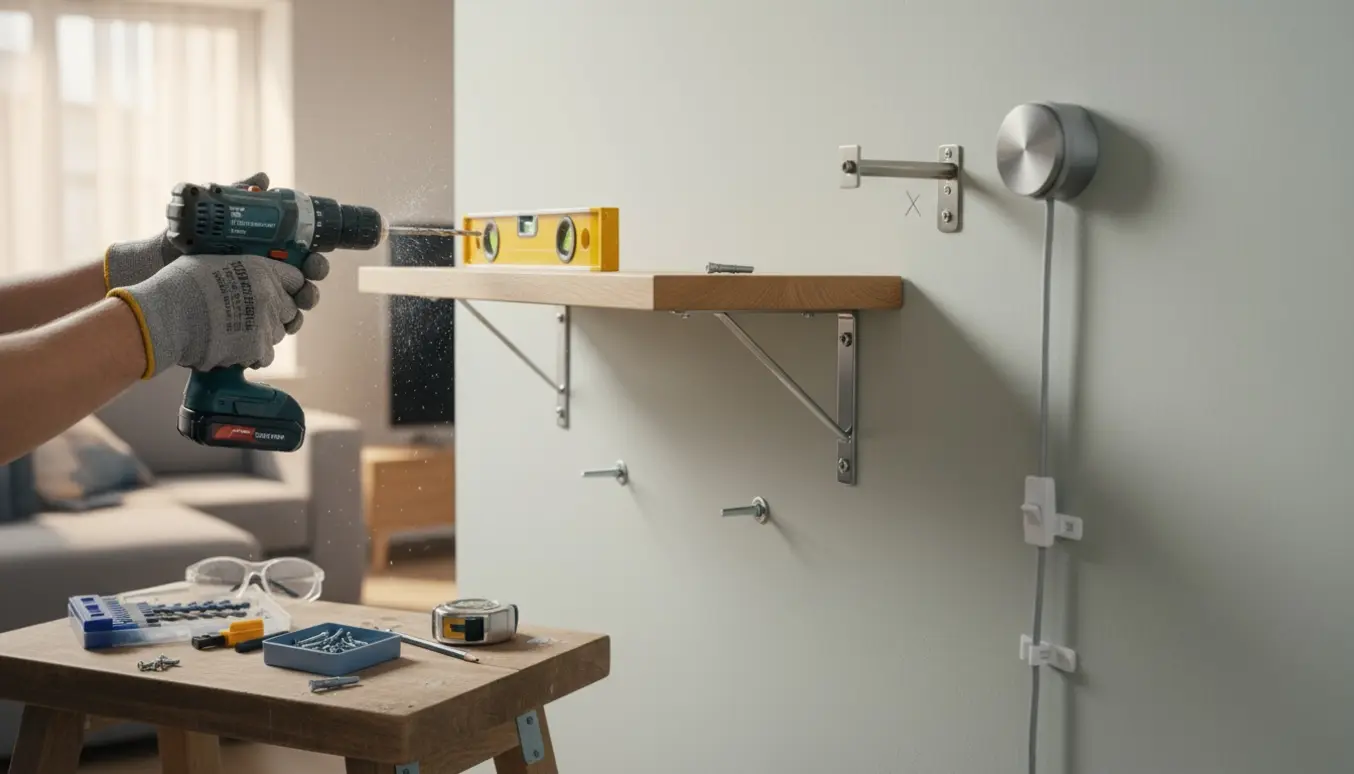 Hænder, der bruger en boremaskine til at montere beslag på en væg med hylde, gardinstang og væglampe i baggrunden.