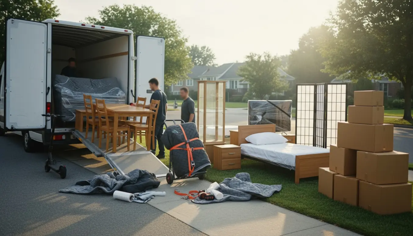 Flyttebil ved fortovet med 2–3 hjælpere der læsser sofa, spisebord, vaskemaskine, elscooter og ca. 20–25 flyttekasser.