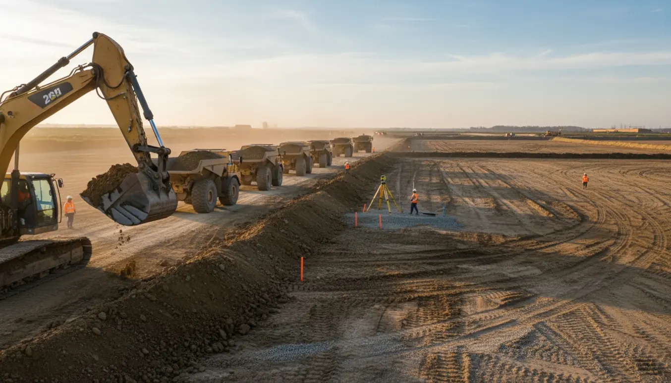 Stor byggeplads med gravemaskiner, lastbiler og jordvolde under udgravning til fundament.