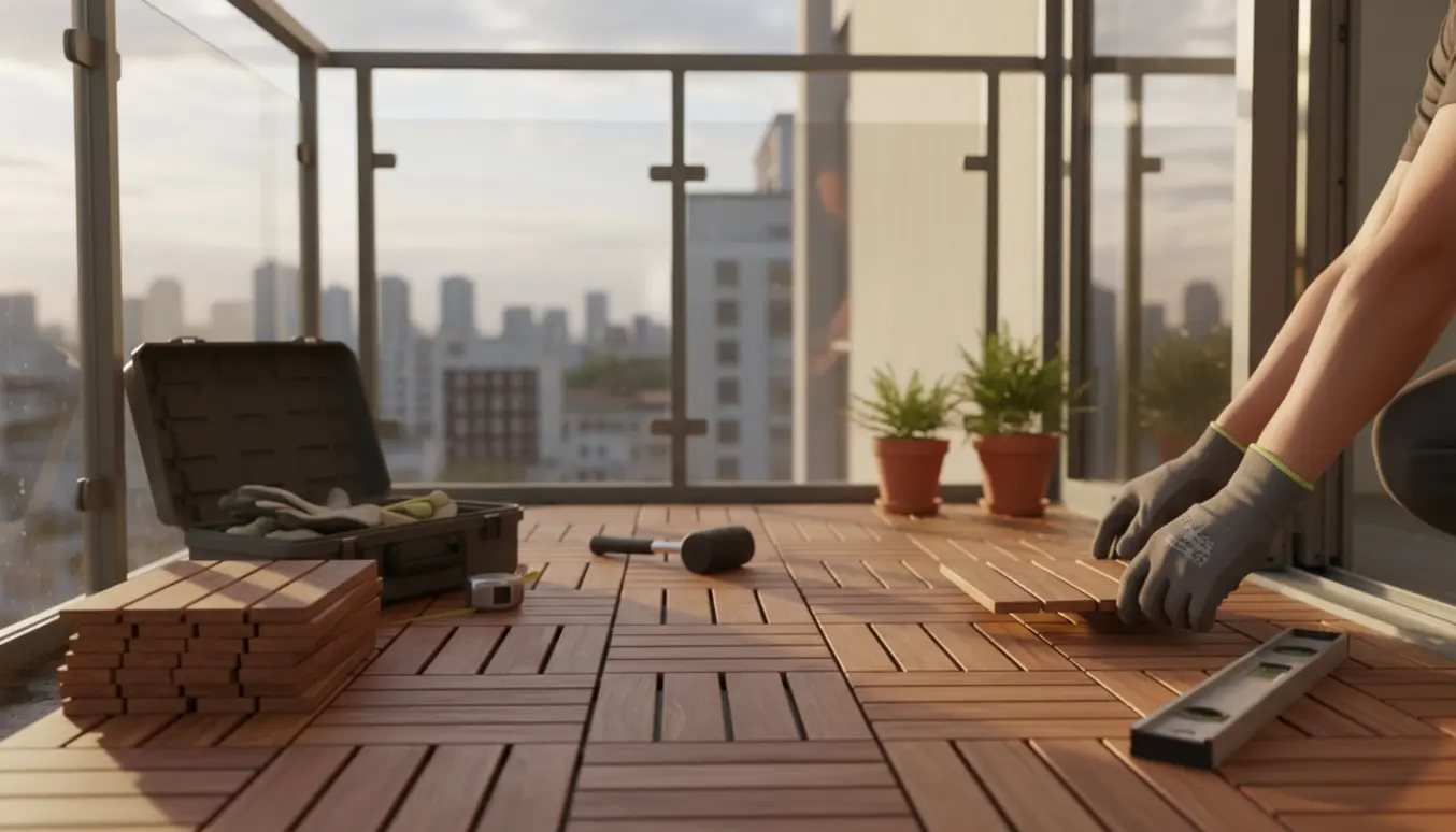 Hænder lægger træfliser på en lukket altan med værktøj og potteplanter.