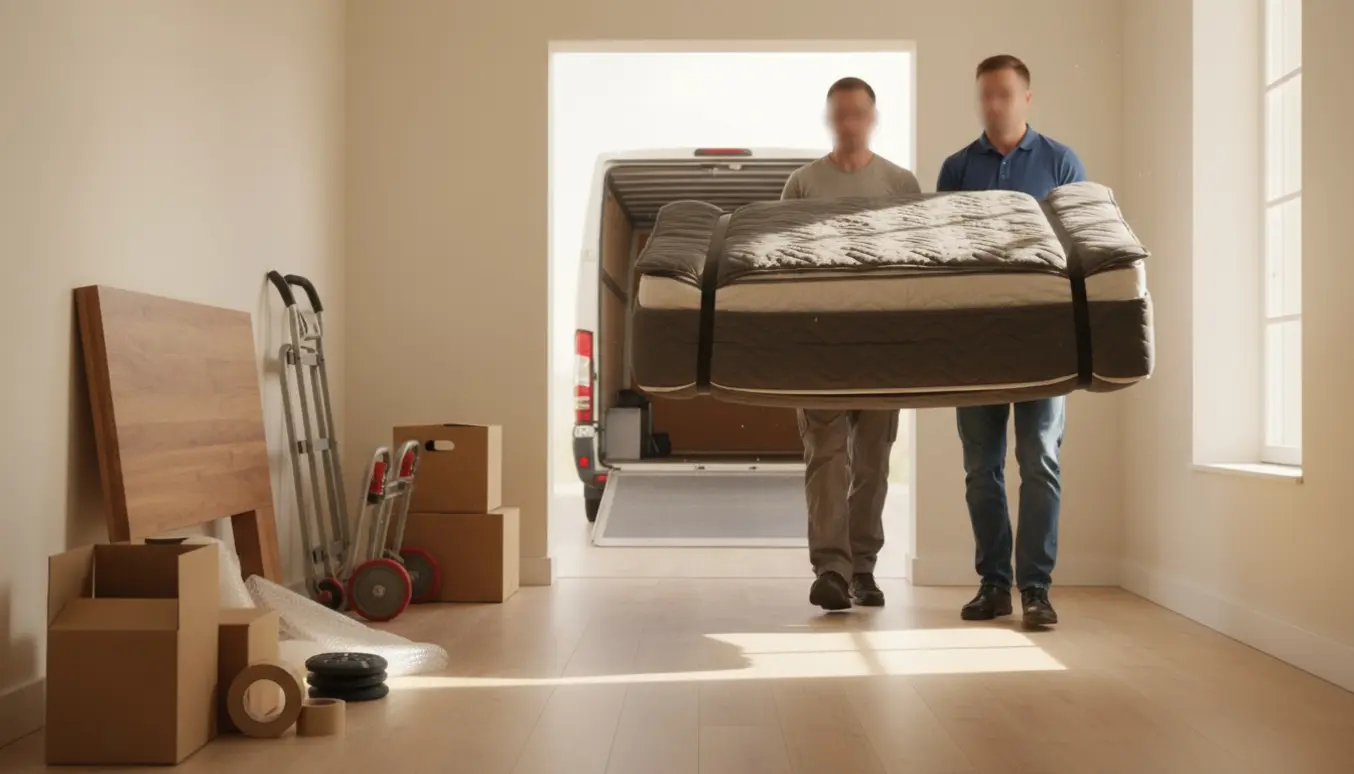 To personer med skjulte ansigter bærer en indpakket dobbeltseng gennem et lyst hjem med flyttekasser og demonteret sengeløsning.