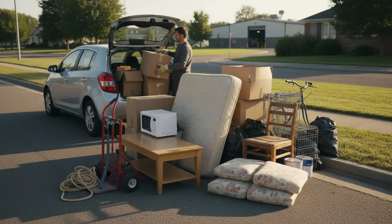 Åben bilbagager fyldt med møbler, kasser og poser klar til at blive kørt til genbrugsstationen.