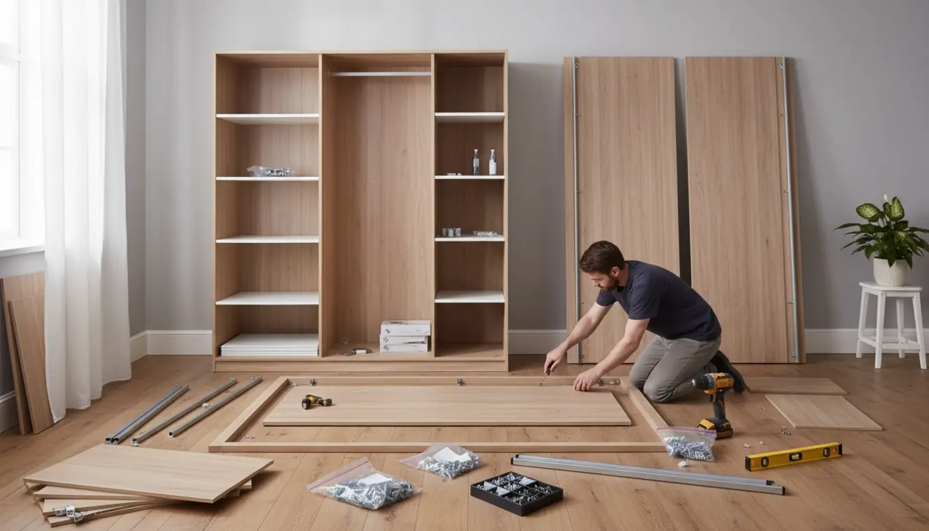 Tre PAX-lignende skabe under samling i et lyst rum med værktøj og hænder i arbejde.