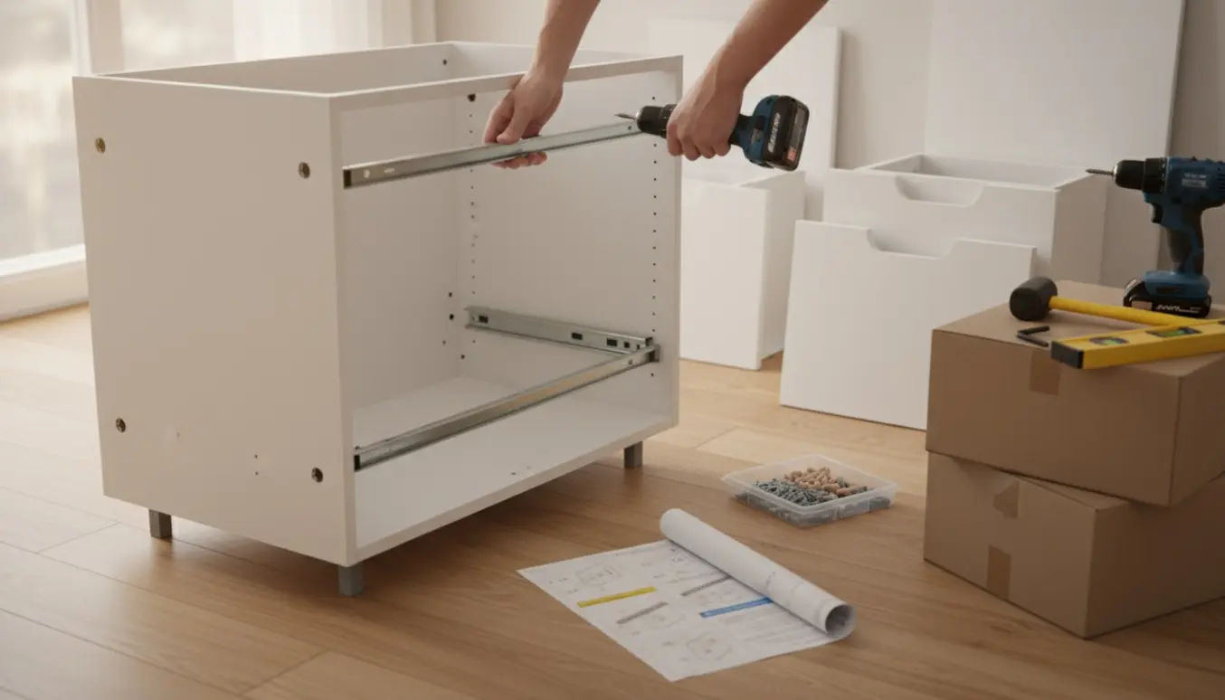 Hænder monterer skuffeskinner i et delvist samlet Ikea-køkken uden bordplade.