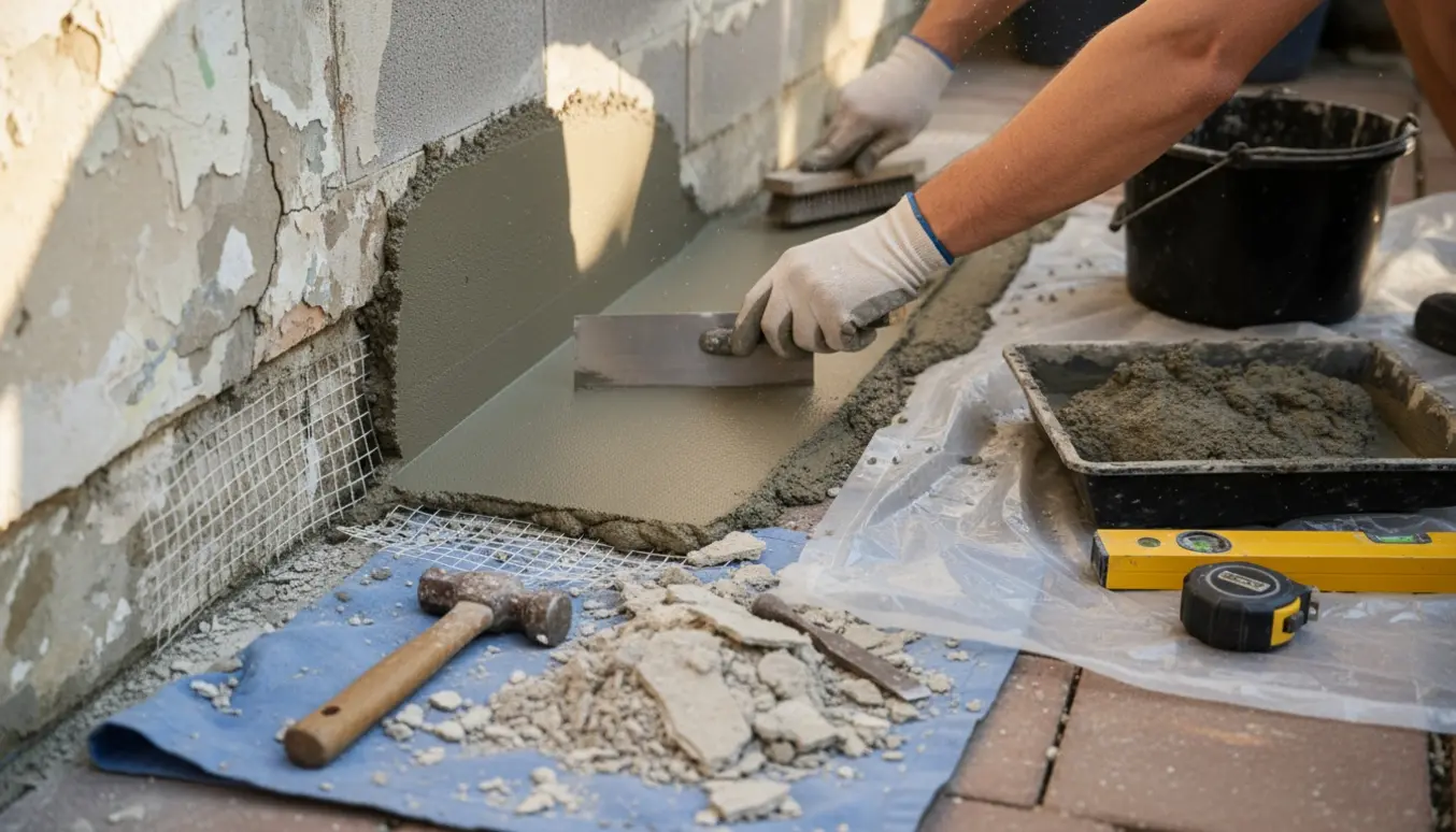 Håndværker påfører mørtelpuds og armeringsnet på sokkel, kun hænder synlige.