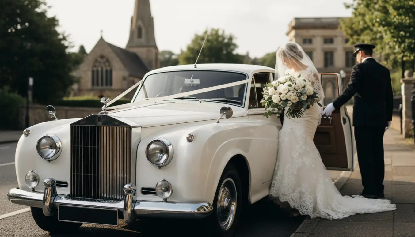 Et brudepar og en hvid bryllupsbil foran en kirke, chaufføren åbner døren mens bruden træder ud med slør og buket.