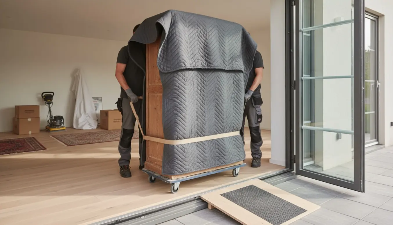 Et stort gammelt skab køres ud fra en tom stue til en overdækket terrasse, pakket i flyttetæpper og trukket på en dolly.