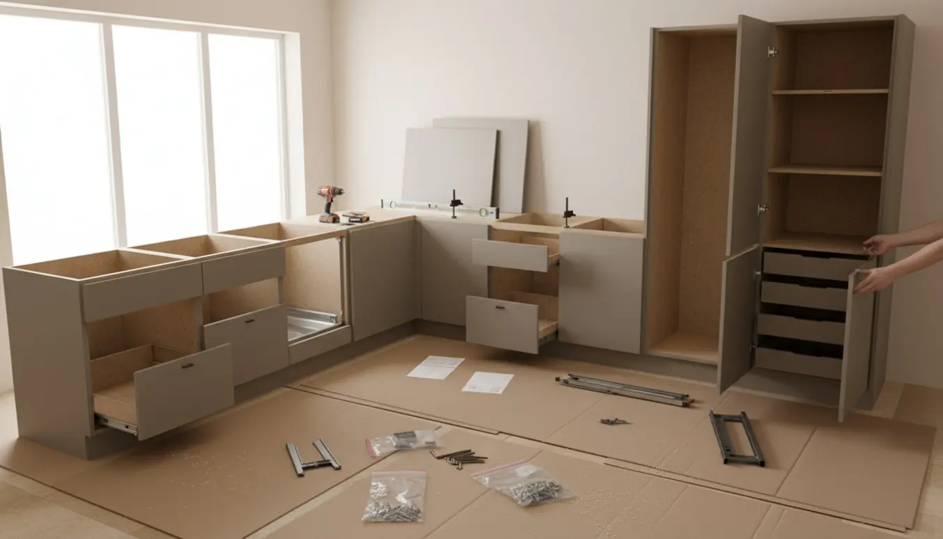 L-formet køkken under montering med åbne skabe, forbores låger og værktøj på beskyttet gulv.