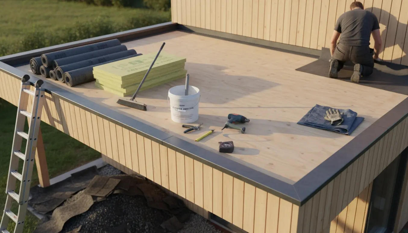 Fladt tag på lille tilbygning med afdækket tagkonstruktion, værktøj og materialer klar til montering.