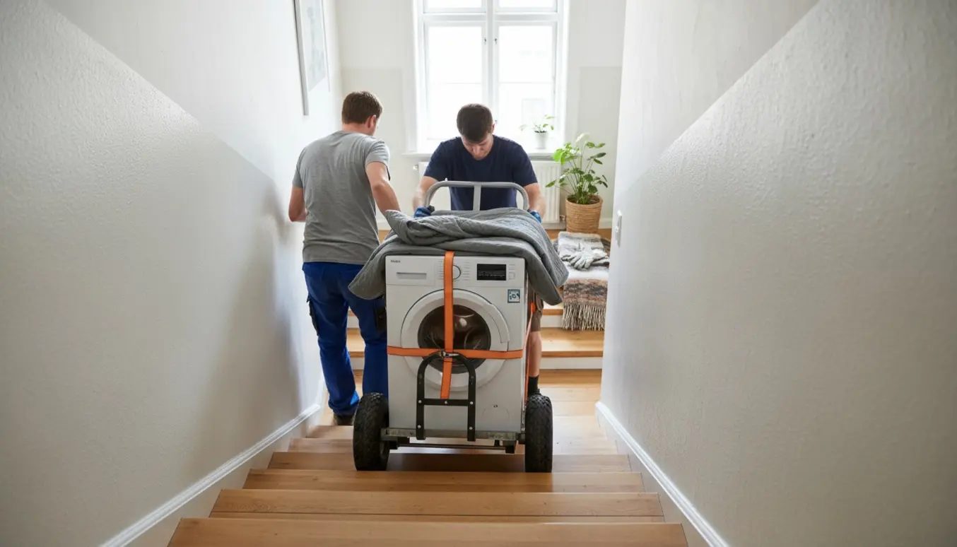 To flyttemænd fører en hvid vaskemaskine ned ad en smal dansk trappeopgang med dolly og flyttetæpper.
