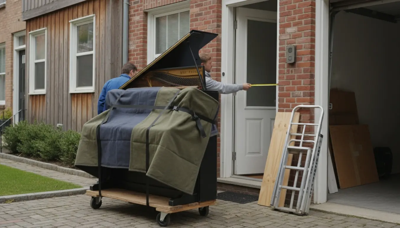 Et klaver pakket i flyttetæpper på en dolly, klar til at blive ført fra garage ind i et rækkehus, mens to flyttemænd måler døråbningen.